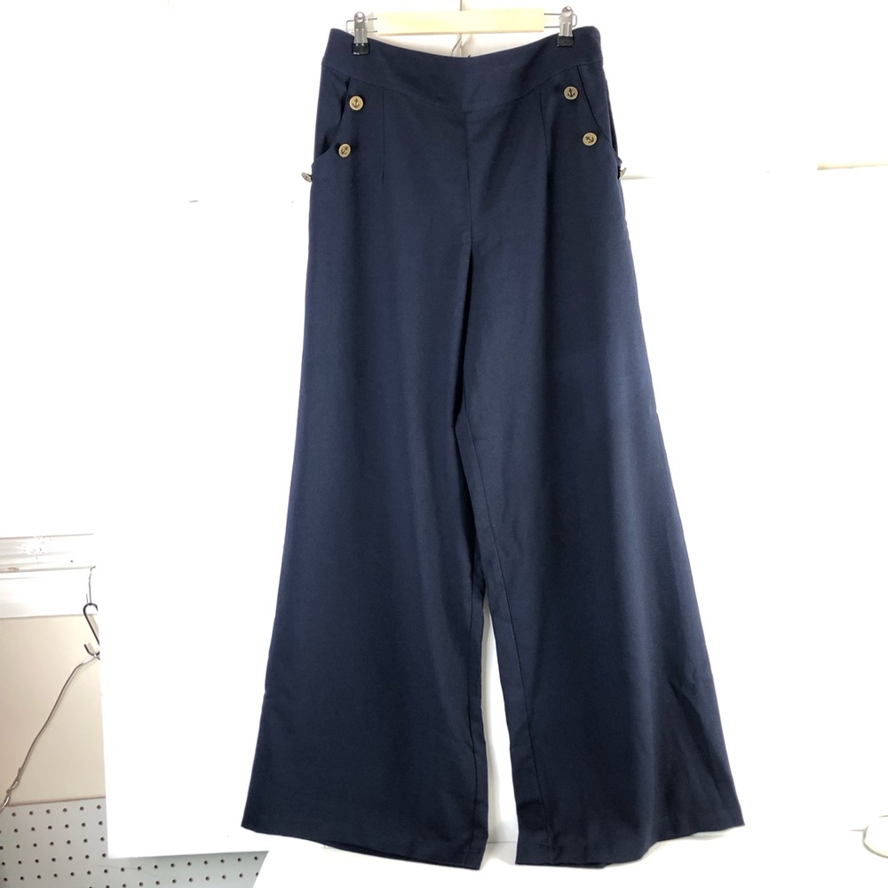 ModCloth Women Pants Cambridge Wide Leg High Rise Trousers Sz L Navy Academia